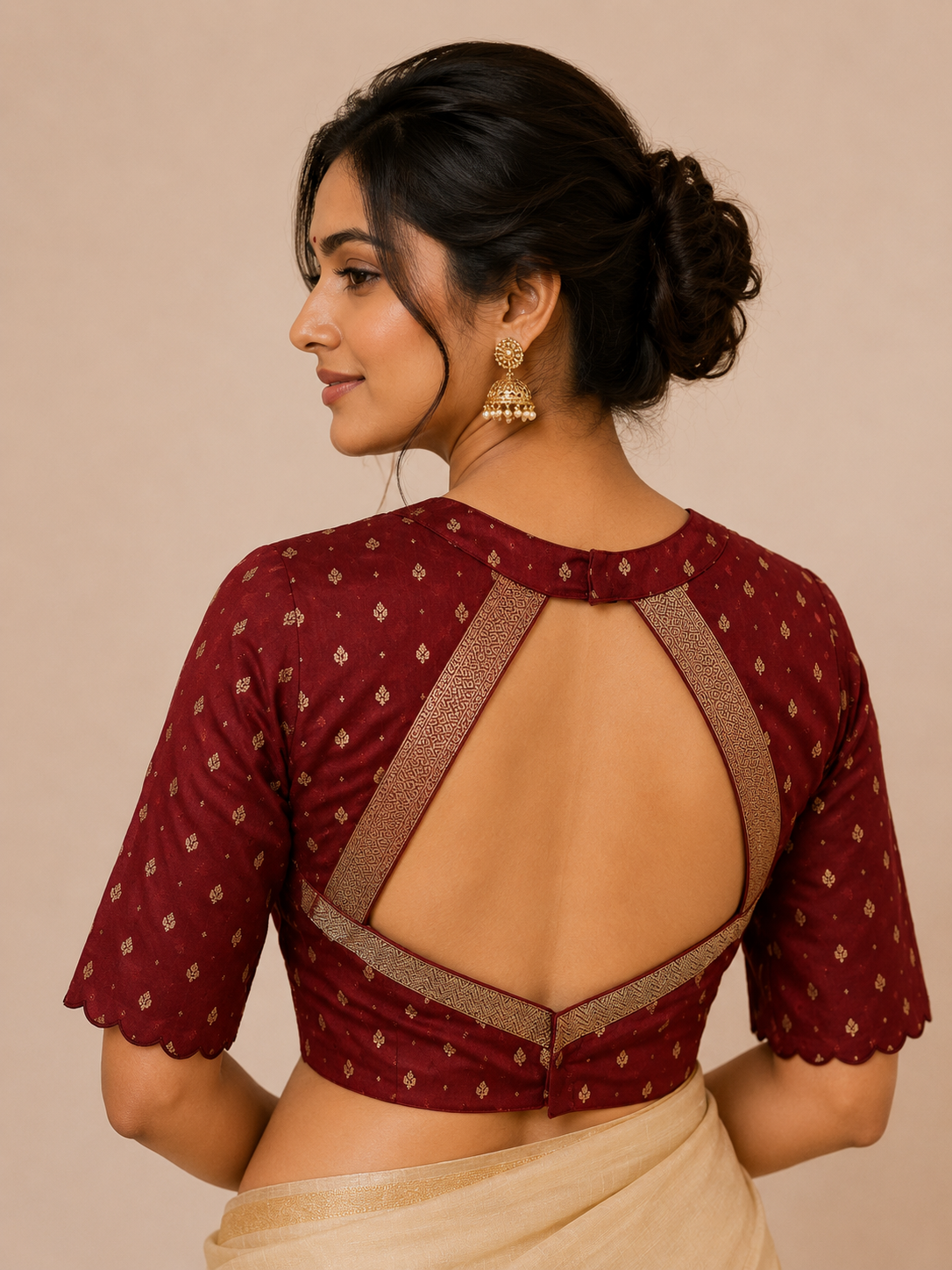 Maroon Brocade Blouse with Scalloped Border