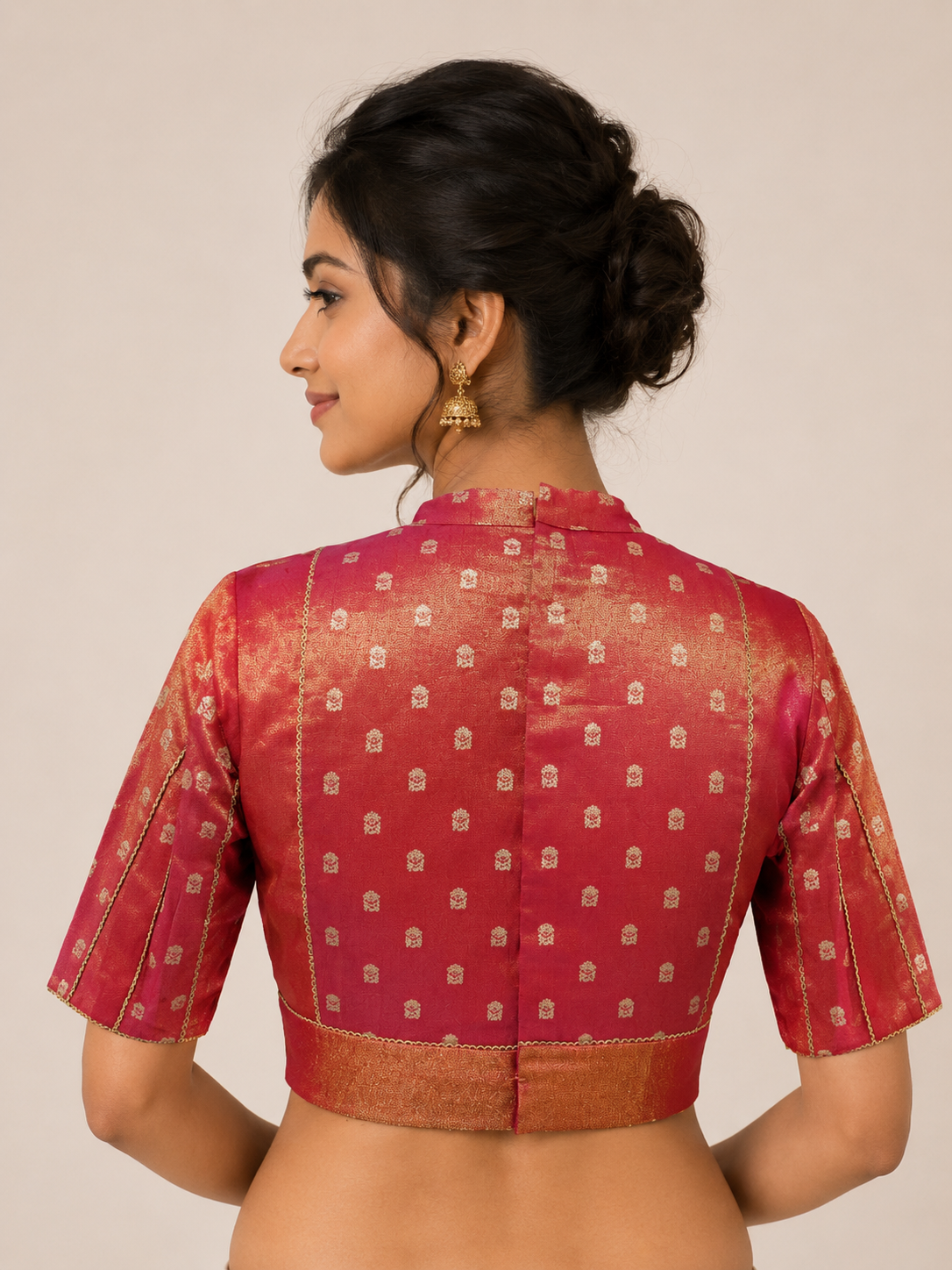 Two-Tone Reddish Tissue Blouse with Handwoven Buttas & Lace Panel Detailing