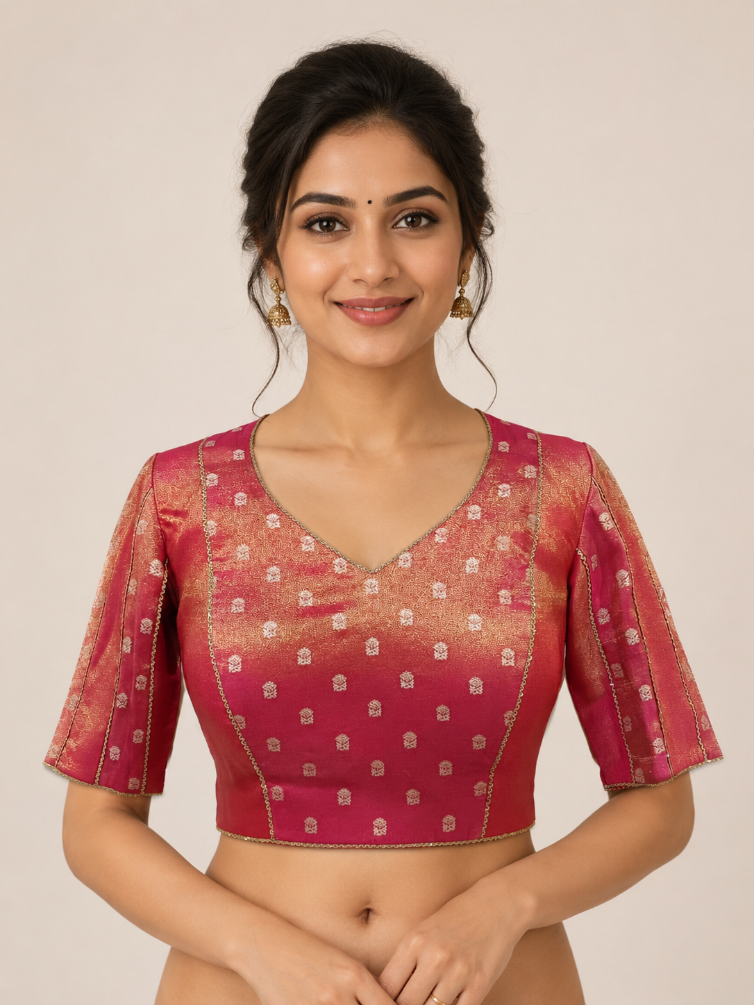 Two-Tone Reddish Tissue Blouse with Handwoven Buttas & Lace Panel Detailing