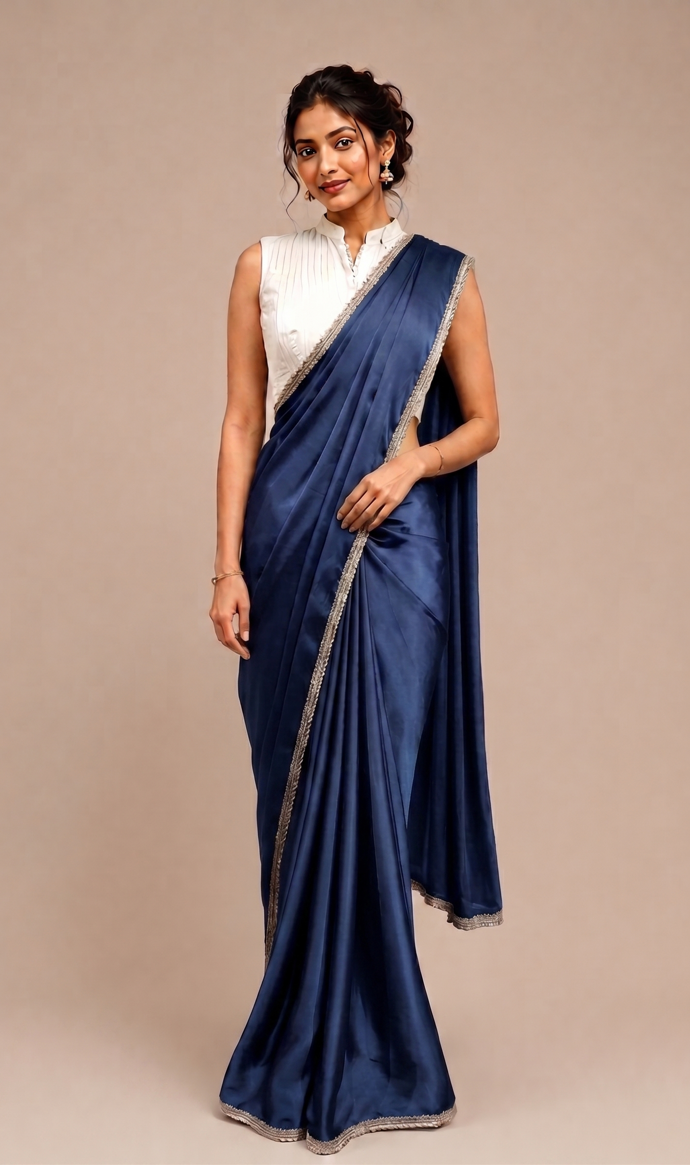 Modal Satin Saree with contrast blouse with side sherring