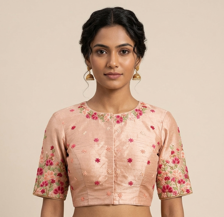 Peach Raw silk blouse with French knot Hand Embroidery