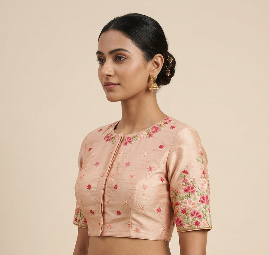 Peach Raw silk blouse with French knot Hand Embroidery