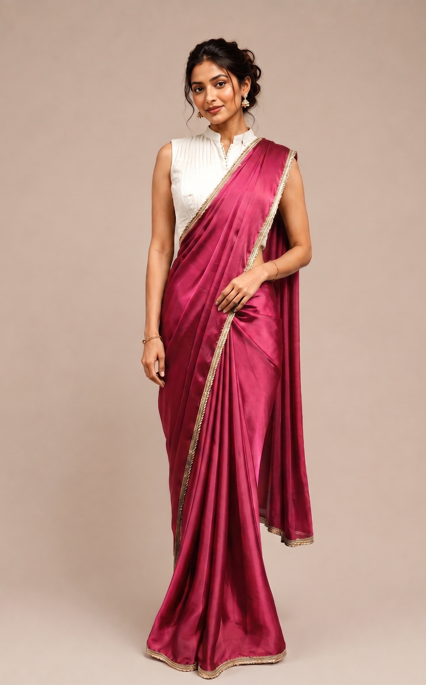 Modal Satin Saree with contrast blouse with side sherring