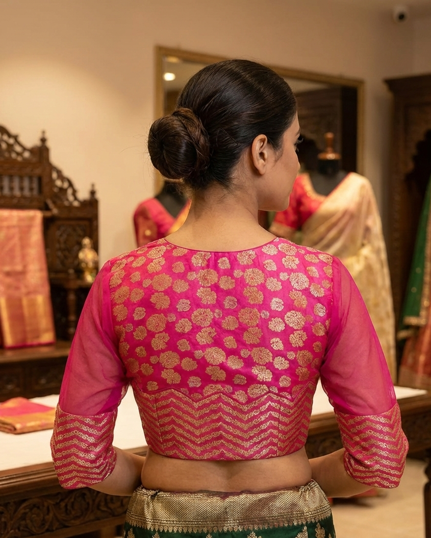 Pink Brocade Blouse with net Sleeves