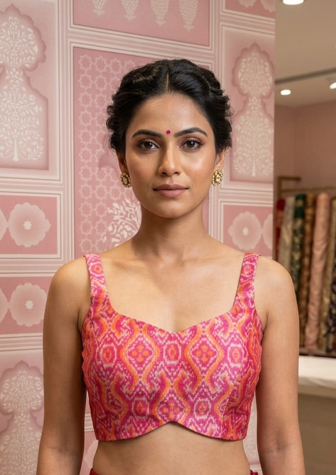 Sleeveless Pink Ikkat Blouse with Side shirring for wedding and festive wear