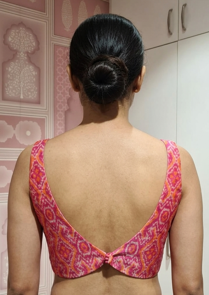 Sleeveless Pink Ikkat Blouse with Side shirring for wedding and festive wear