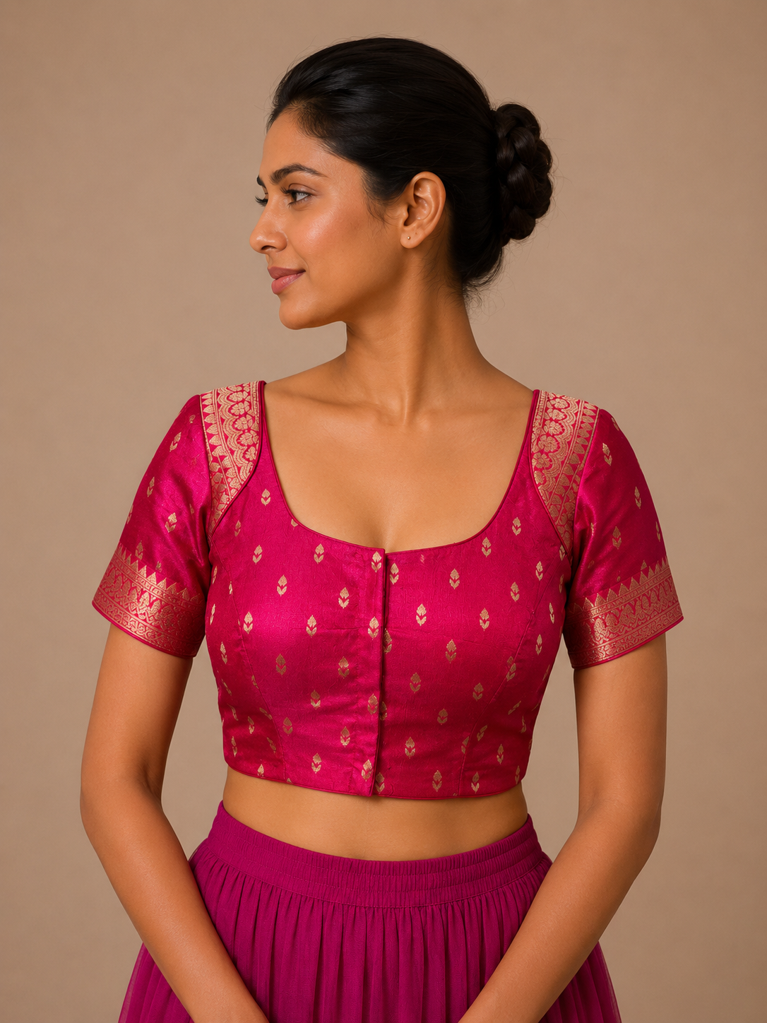 Pink satin silk brocade Blouse With Borders For Festive and wedding wear