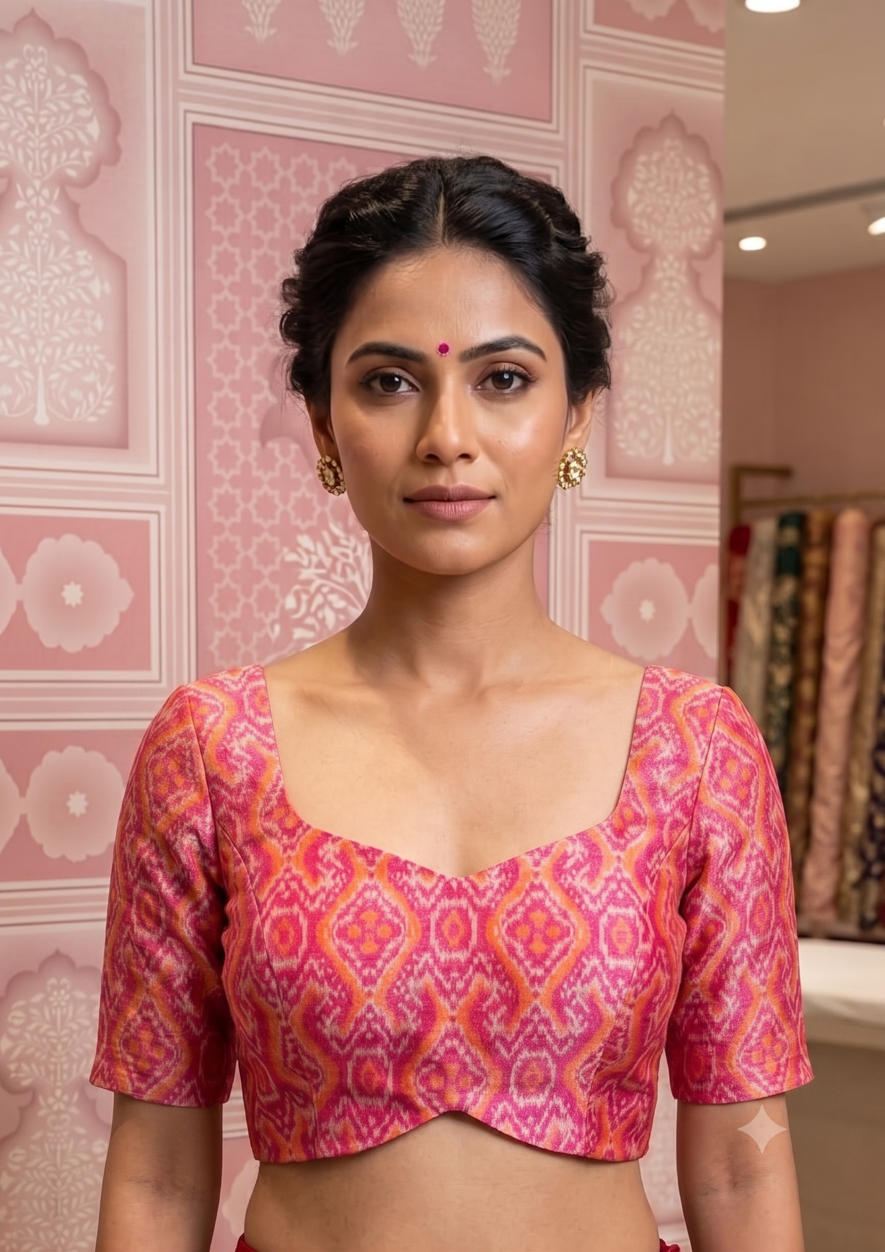 Sleeveless Pink Ikkat Blouse with Side shirring for wedding and festive wear
