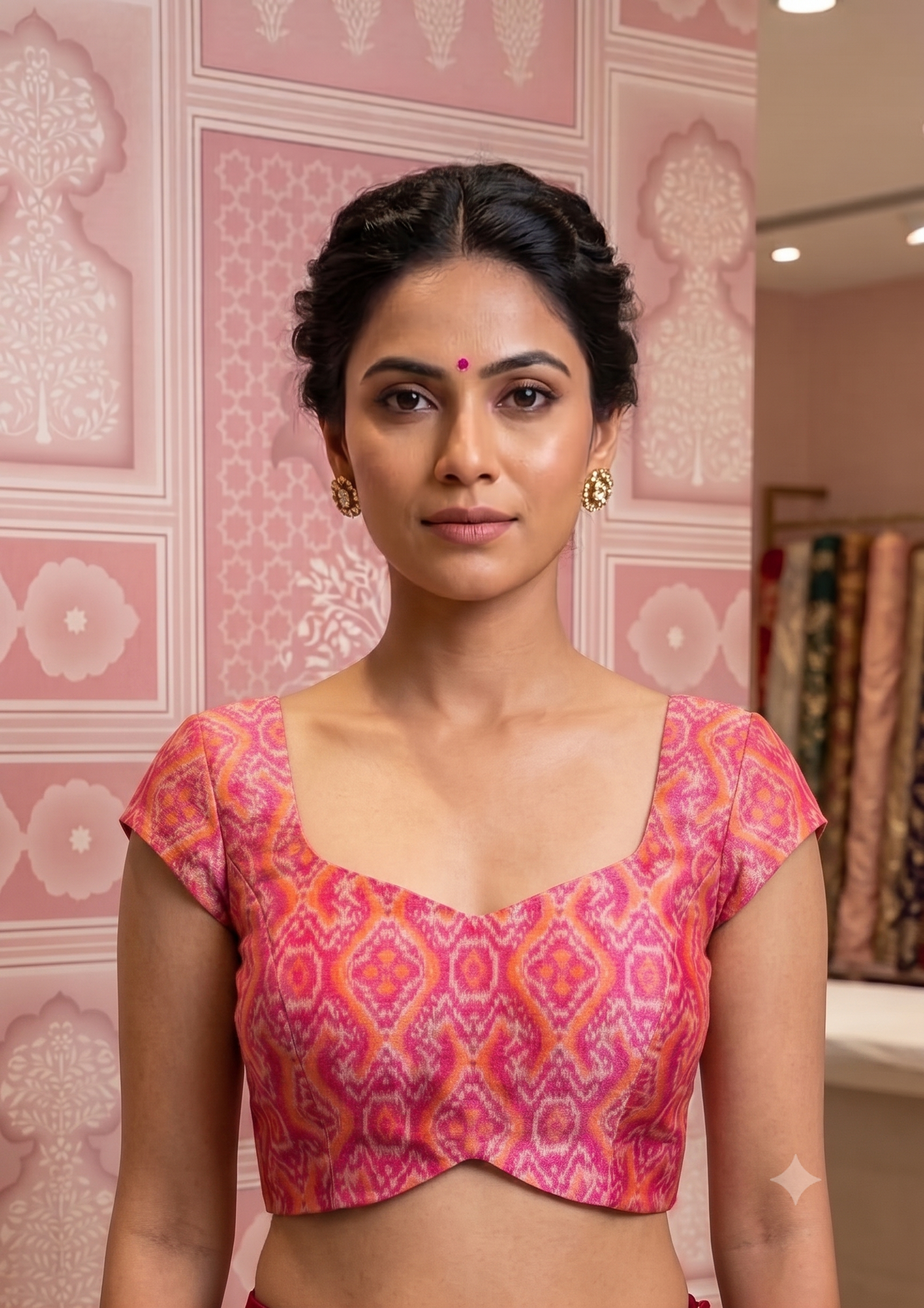 Sleeveless Pink Ikkat Blouse with Side shirring for wedding and festive wear