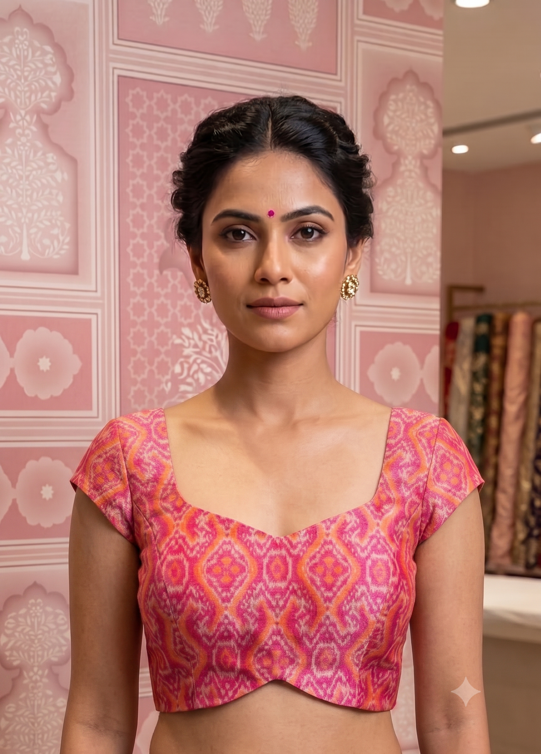 Sleeveless Pink Ikkat Blouse with Side shirring for wedding and festive wear