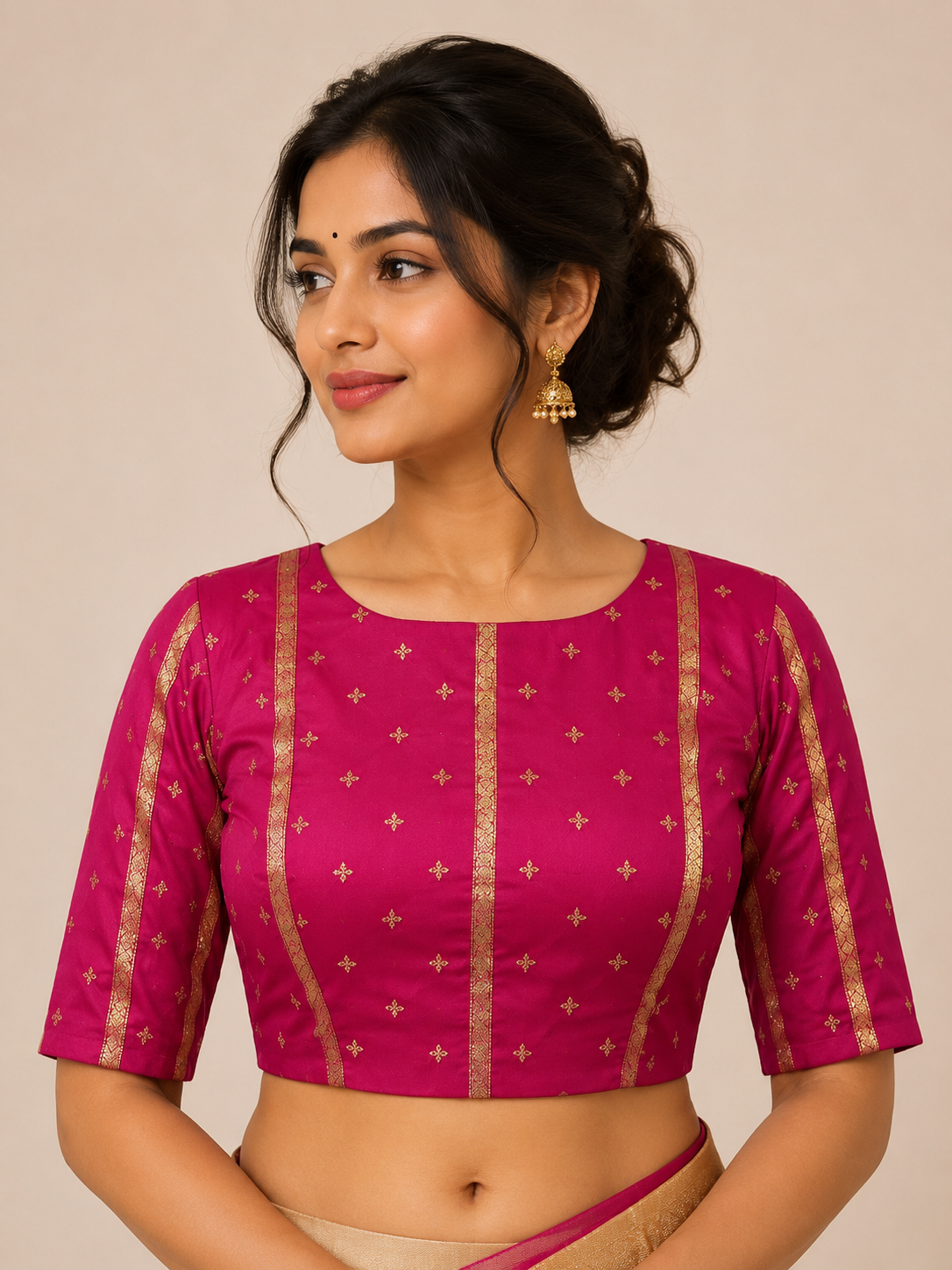 Dark Pink Brocade Blouse with Kanchi Border Panel Detailing