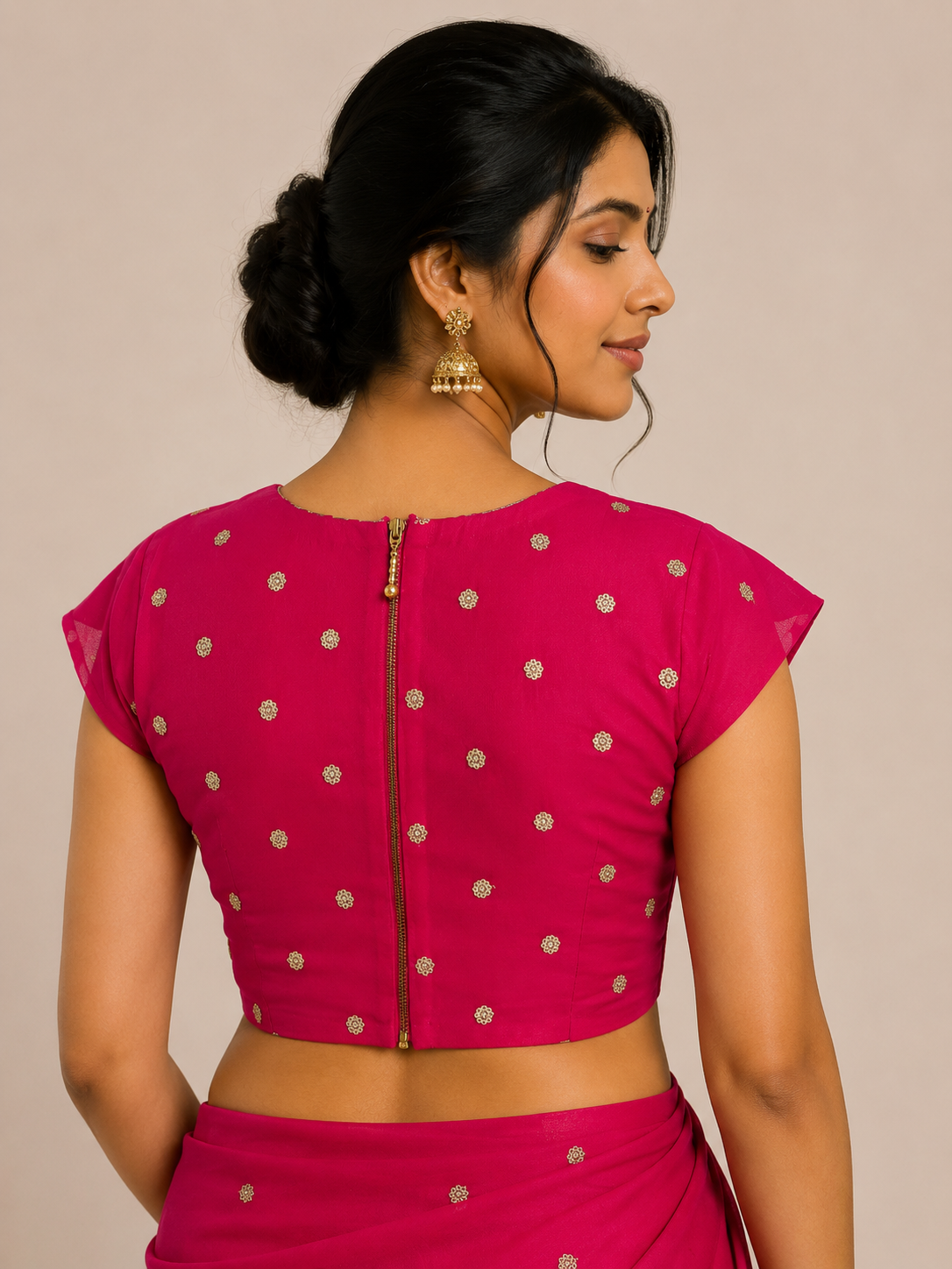 Pink georgette blouse with sequined butti work