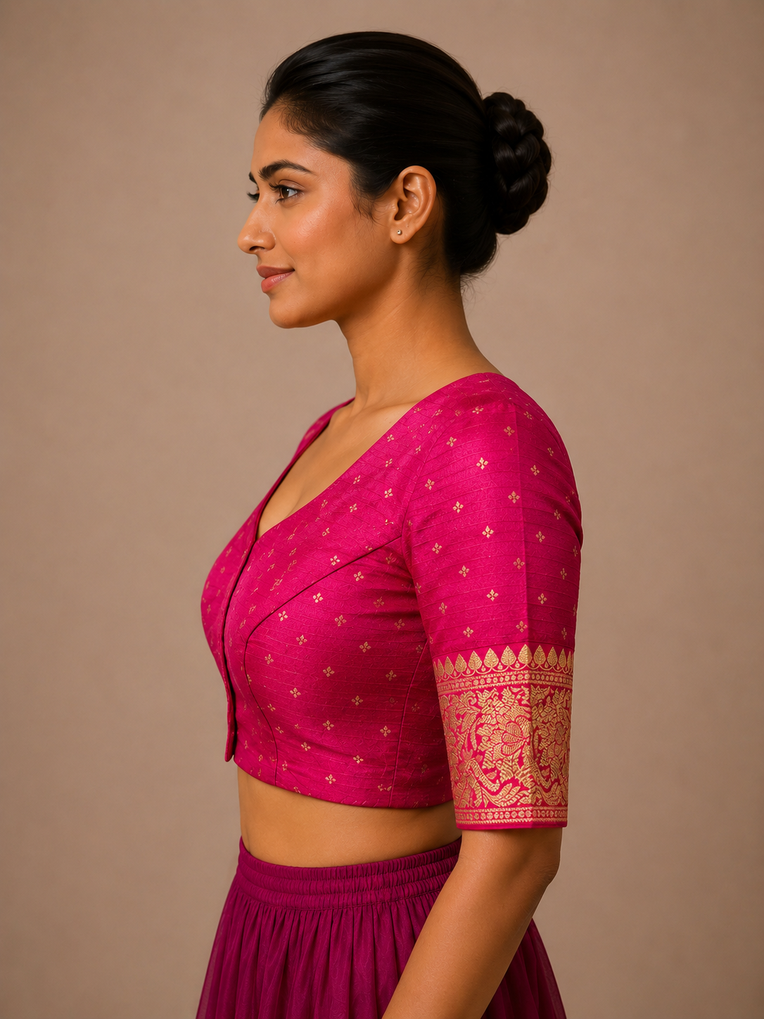 Pink Raw silk brocade Blouse With Borders For Festive and wedding wear