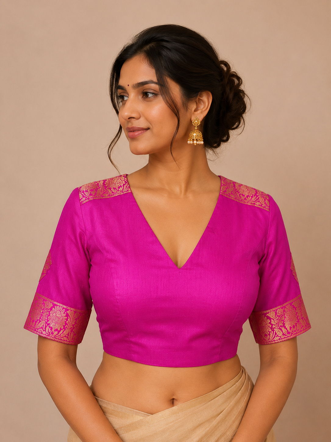 Pink Raw Silk Blouse with Patchwork Border Detailing for festive and wedding wear