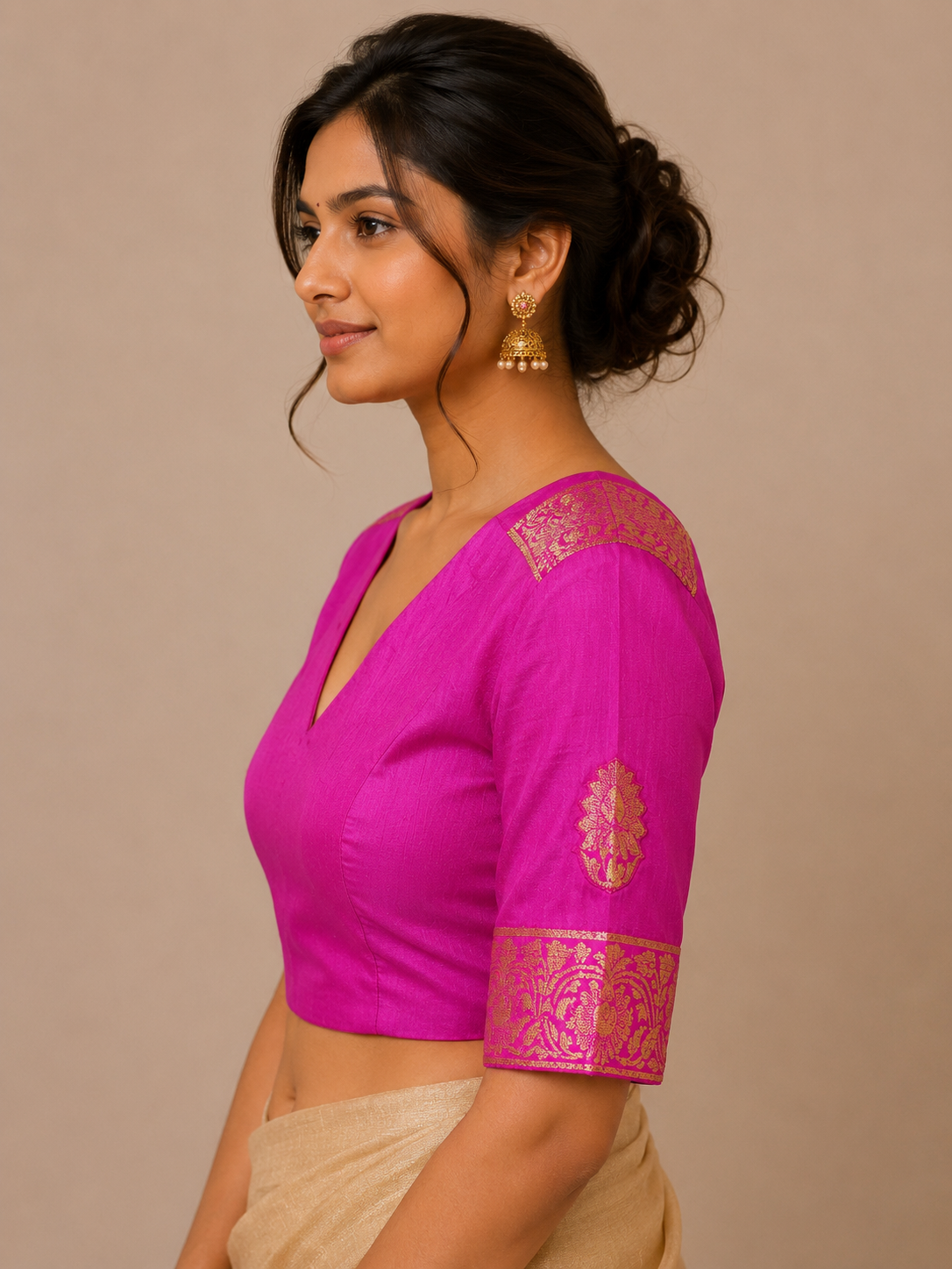 Pink Raw Silk Blouse with Patchwork Border Detailing for festive and wedding wear