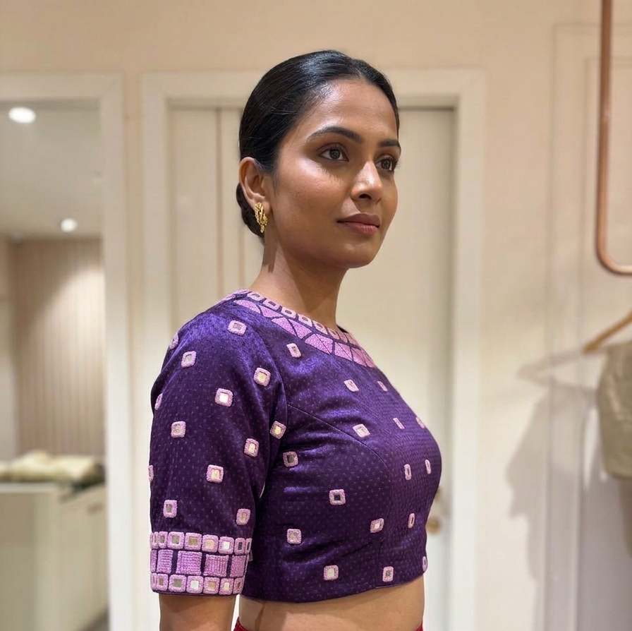 Purple Mashru silk blouse with French knot Embroidery and Mirror Work