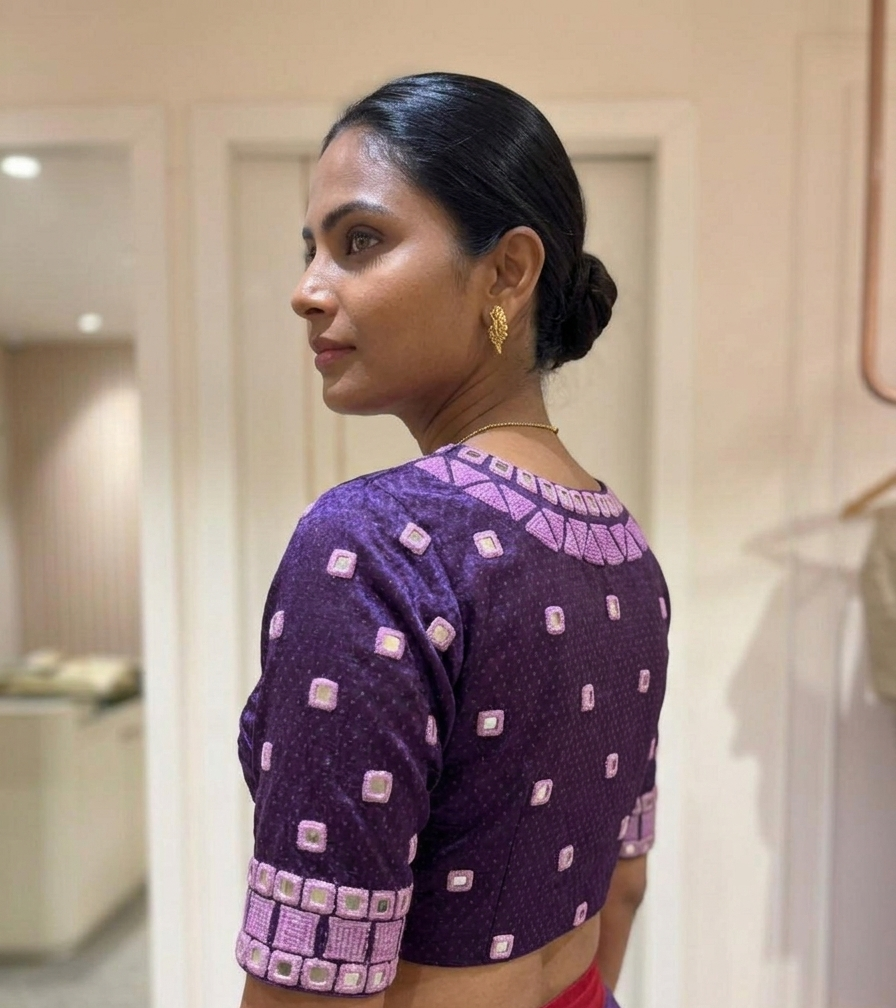 Purple Mashru silk blouse with French knot Embroidery and Mirror Work