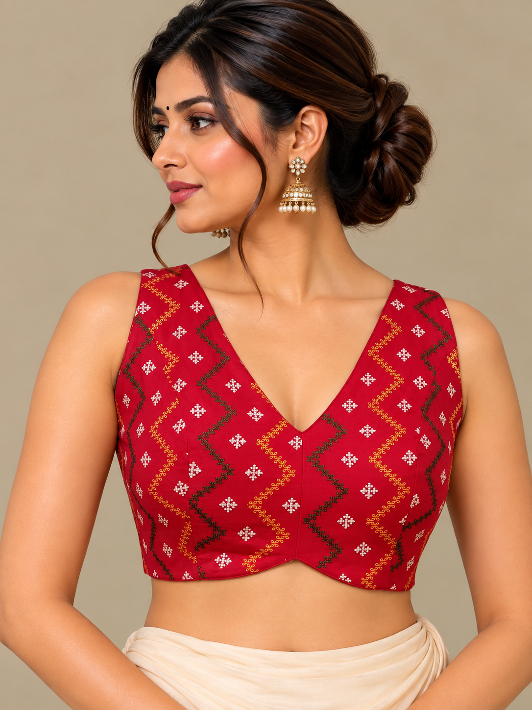 Red Falling Raw Silk Blouse with Machine Embroidered Kutch work