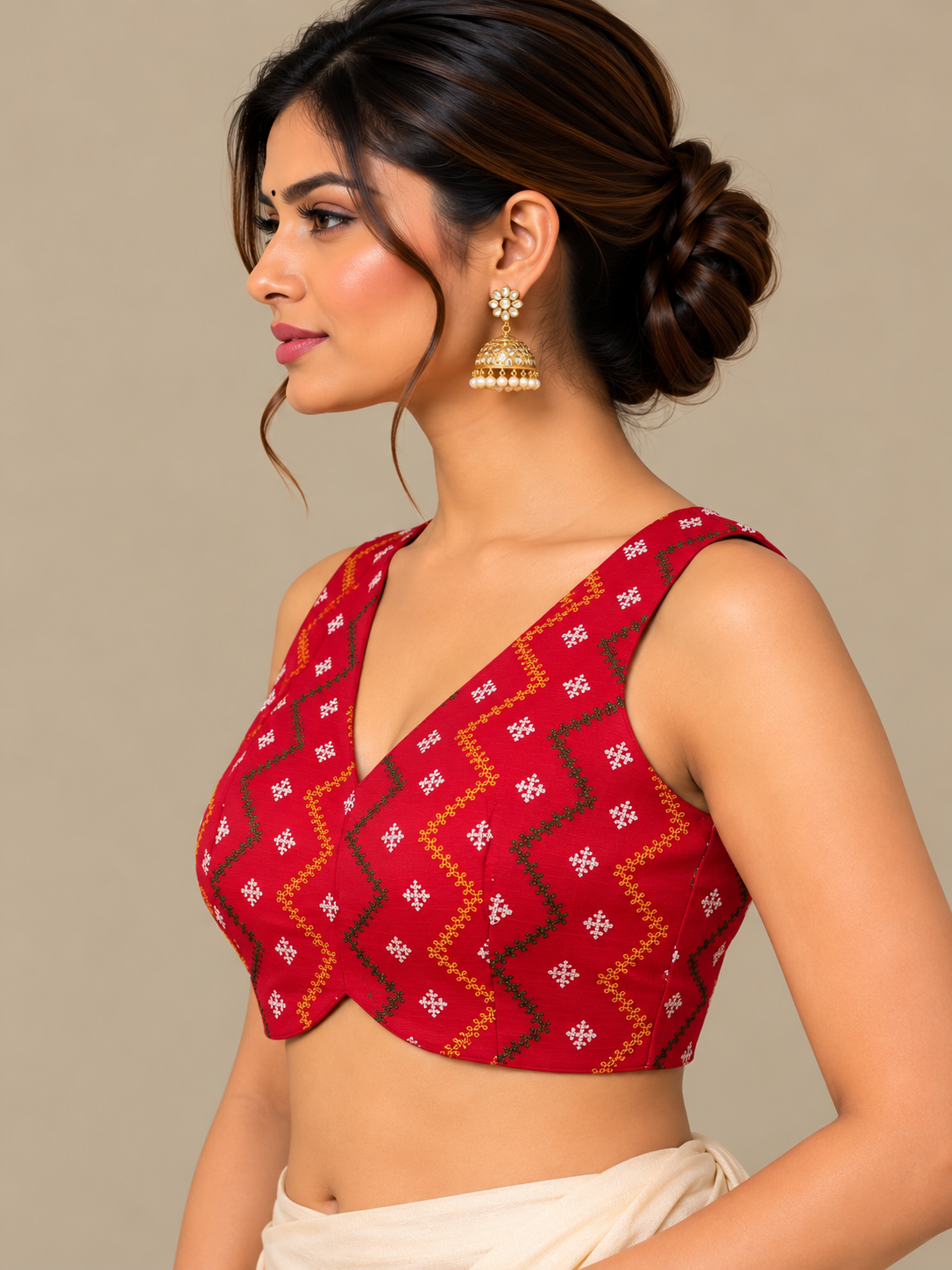 Red Falling Raw Silk Blouse with Machine Embroidered Kutch work