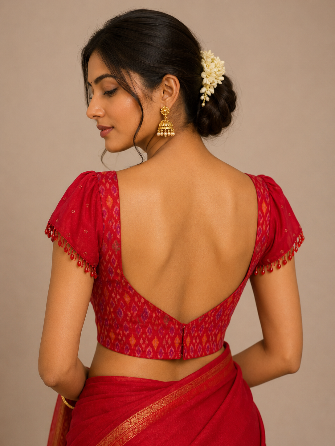 Red Ikkat Blouse with Sequined Raw Silk Sleeves