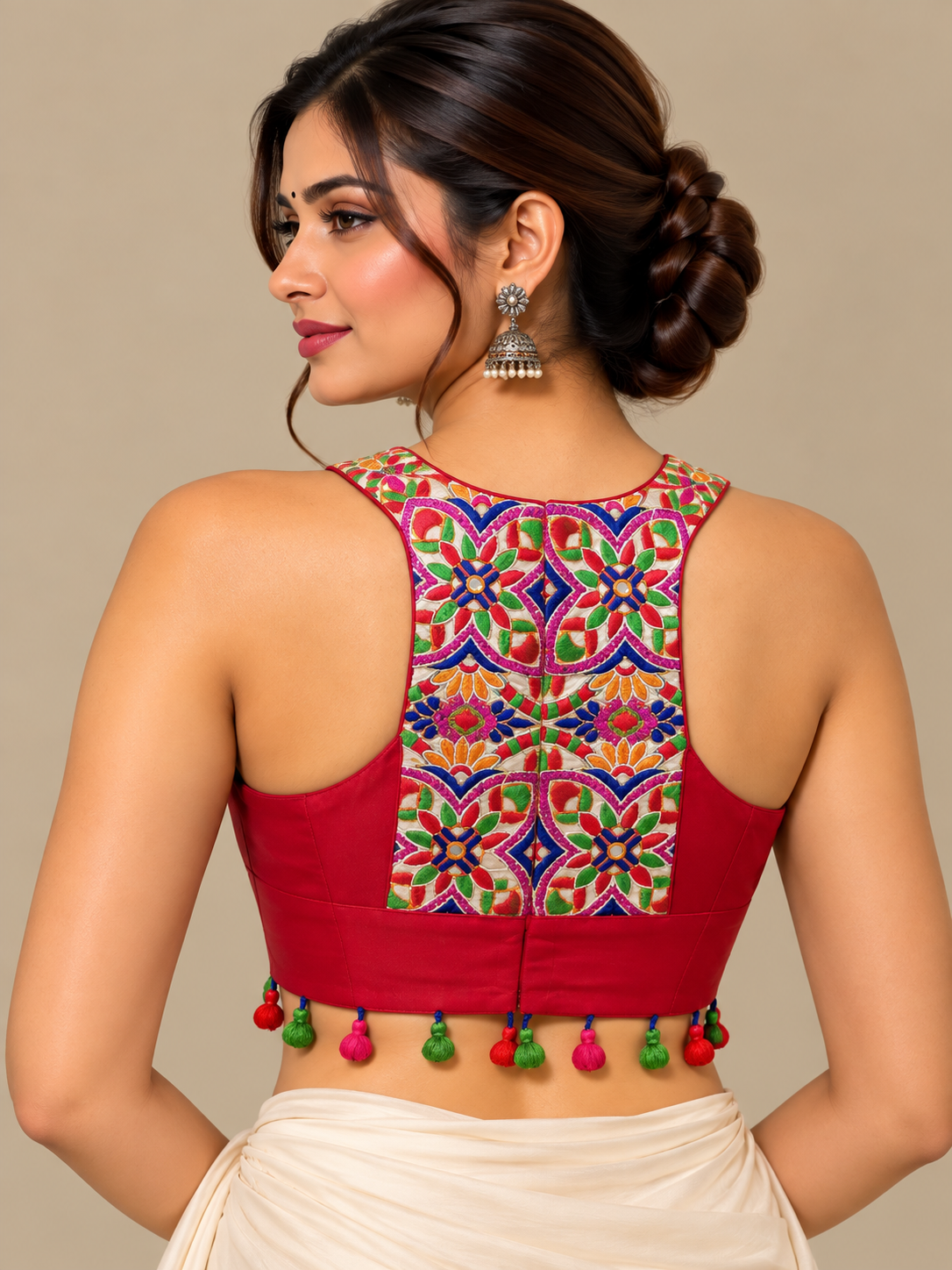 Red Mashu Halter Neck Blouse with Embroidered Panel Razor Back