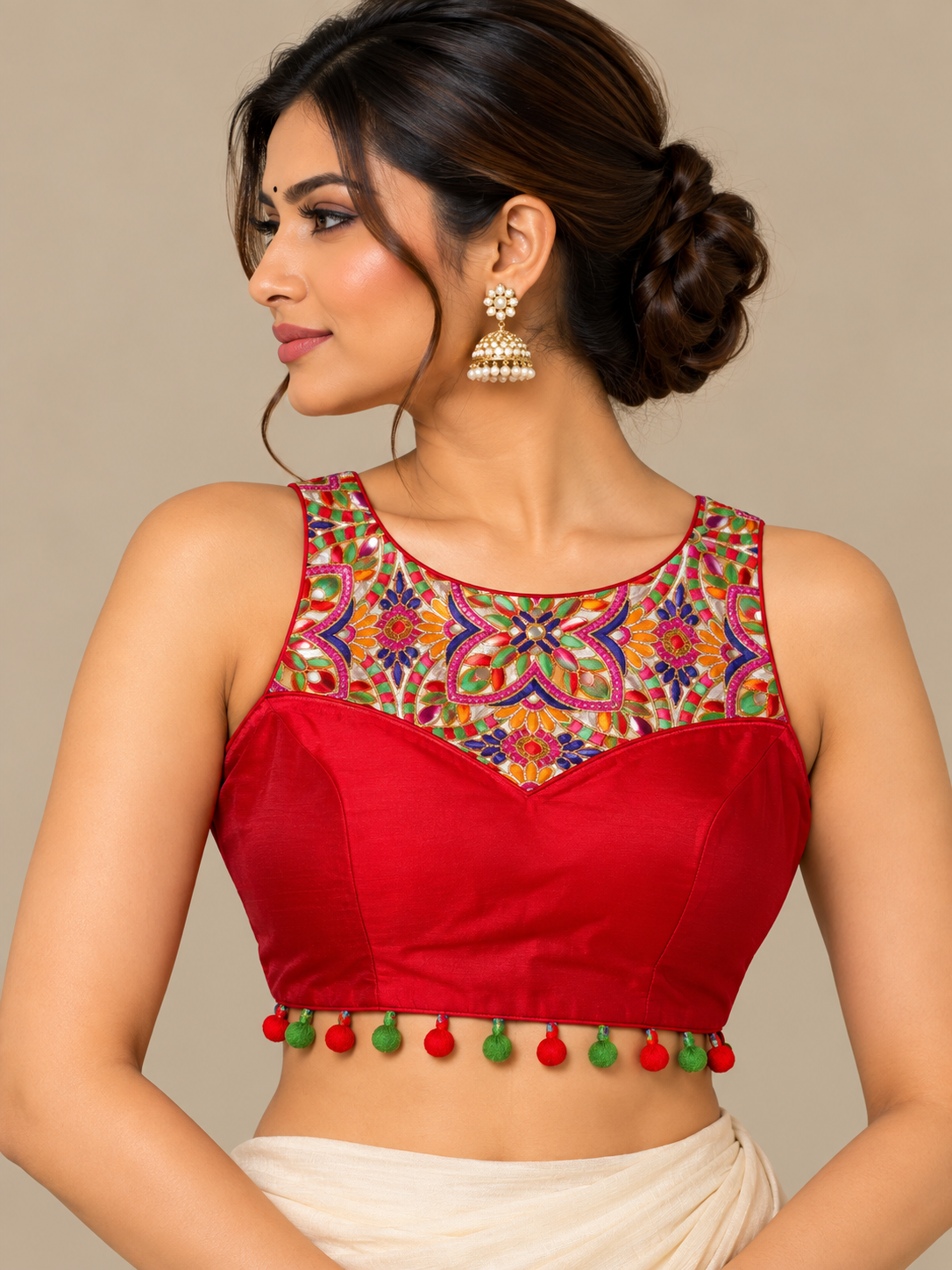 Red Mashu Halter Neck Blouse with Embroidered Panel Razor Back