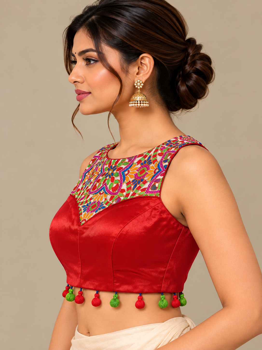 Red Mashu Halter Neck Blouse with Embroidered Panel Razor Back