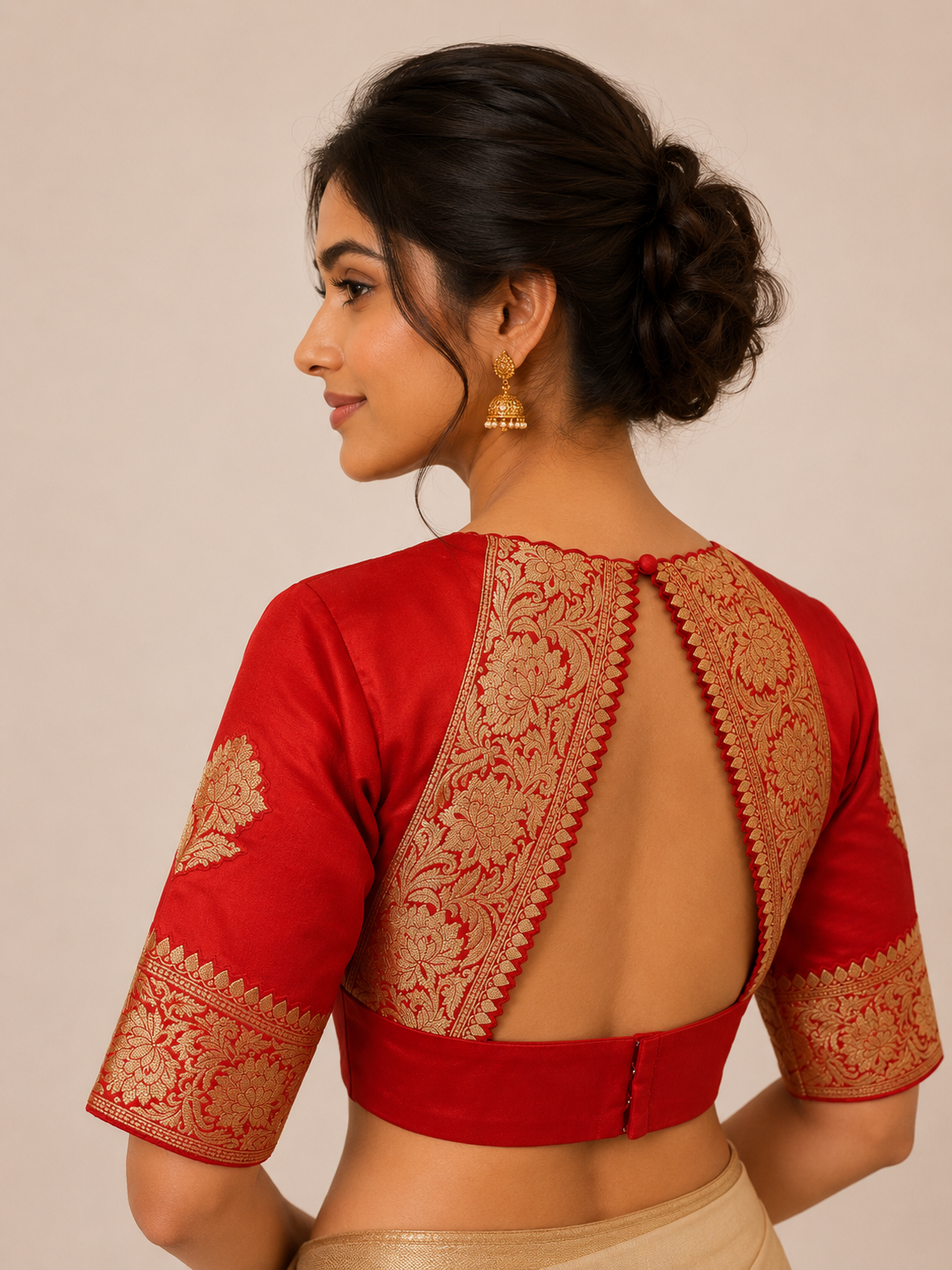 Red Raw Silk Blouse with Scalloped Kanchi Border Detailing