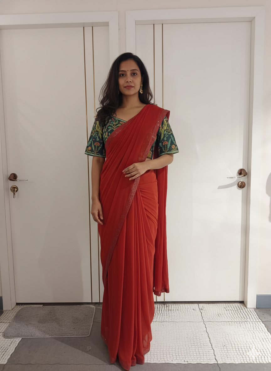 Rust Pre-Draped Saree