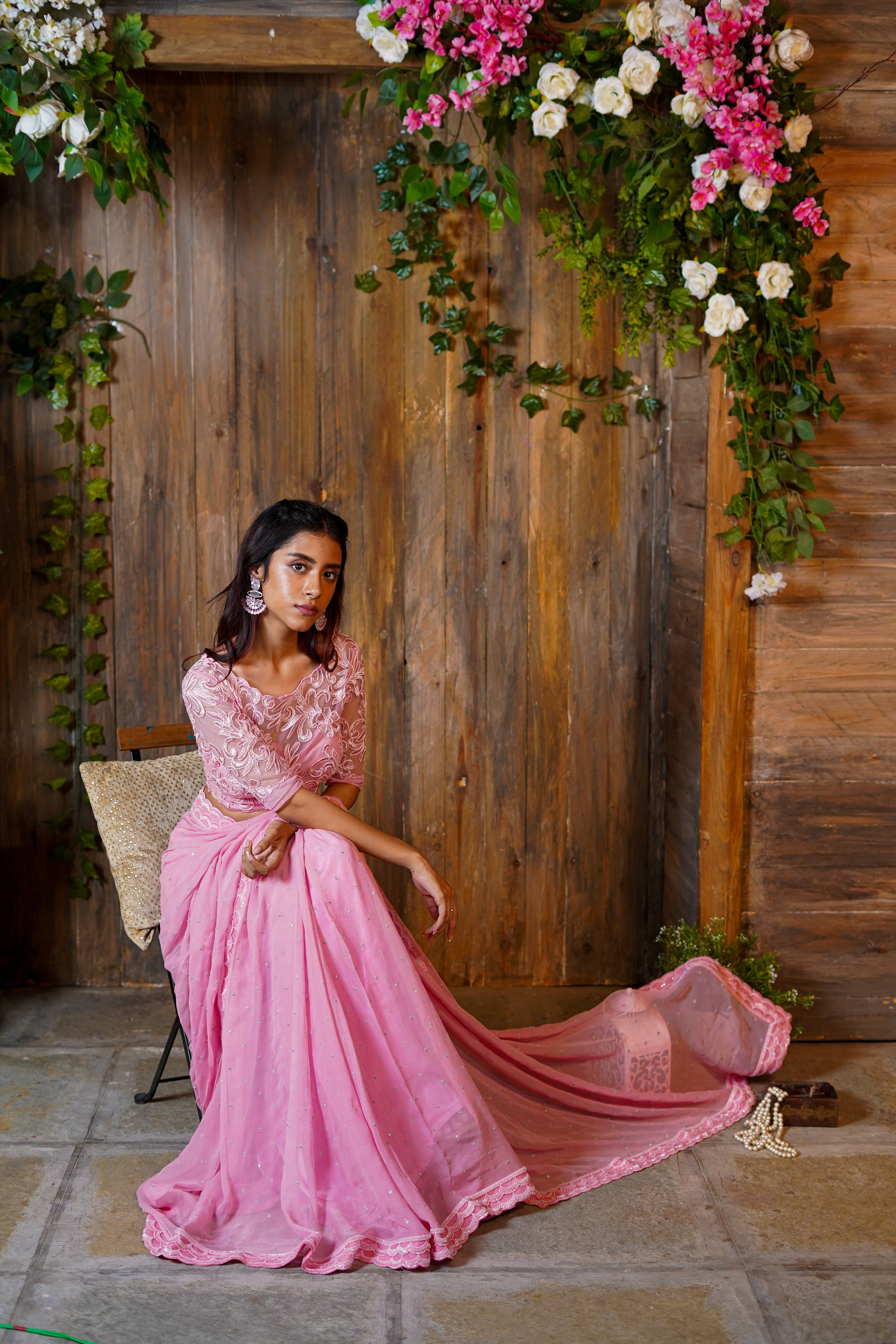 Pink Embroidered Saree With Embroidered Blouse
