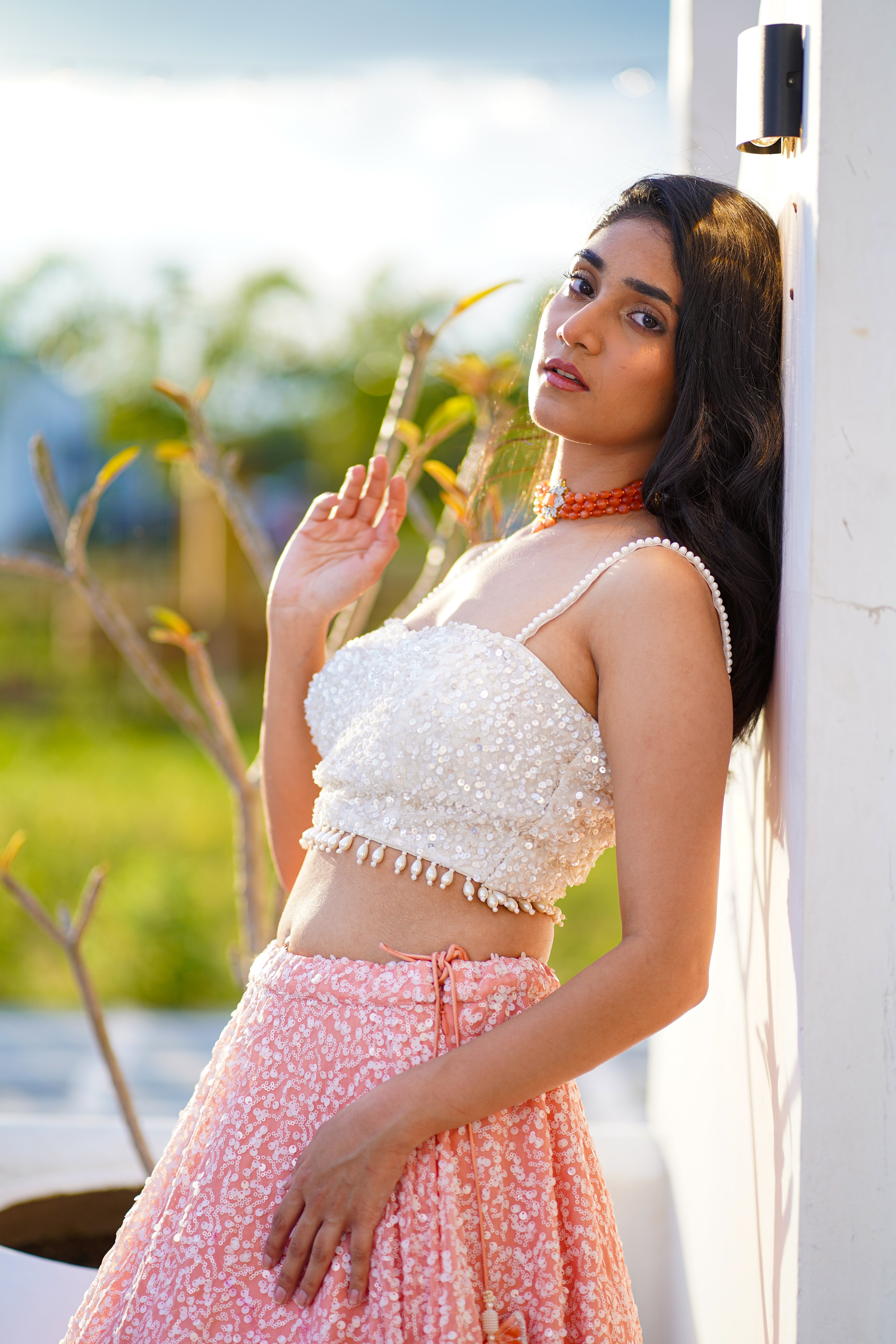 Peach Sequins Skirt with Contrast Crop Top