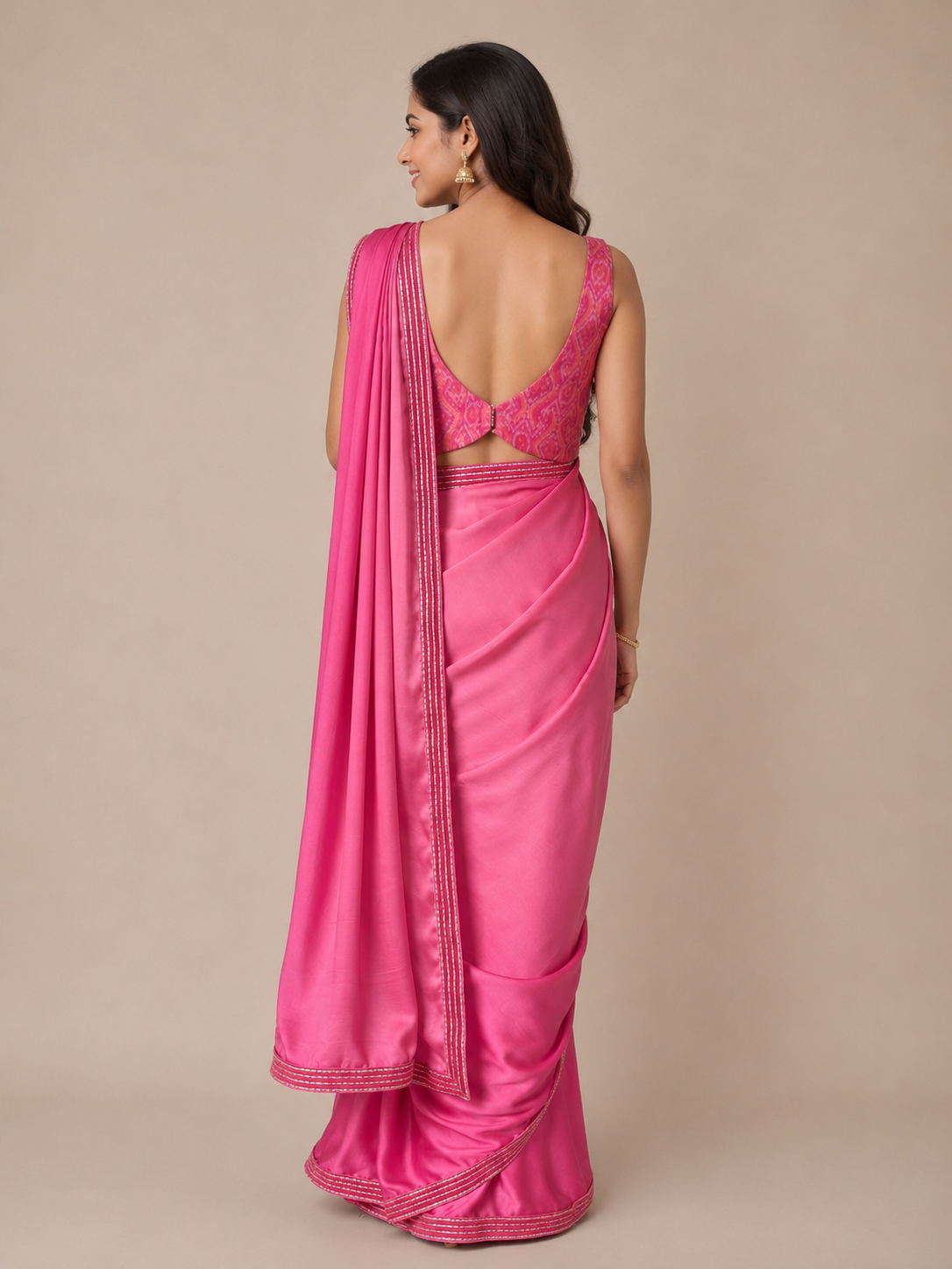 Pink Shaded Modal Satin saree with Pink Ikkat sherring Blouse