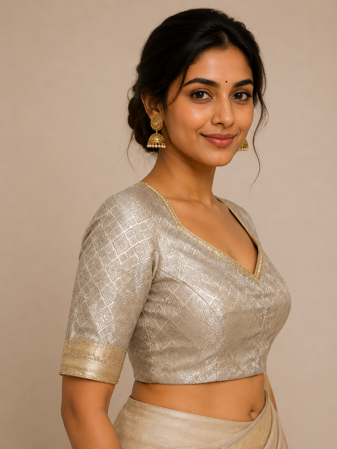 Silver Woven Blouse with Cutdana Embellished Neckline for festive and wedding wear