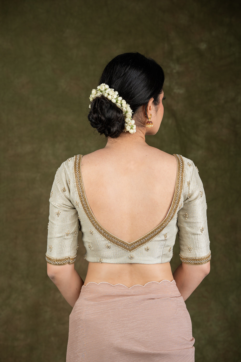 Silver Tissue Blouse with Gold Bead Embroidery for wedding and festive wear