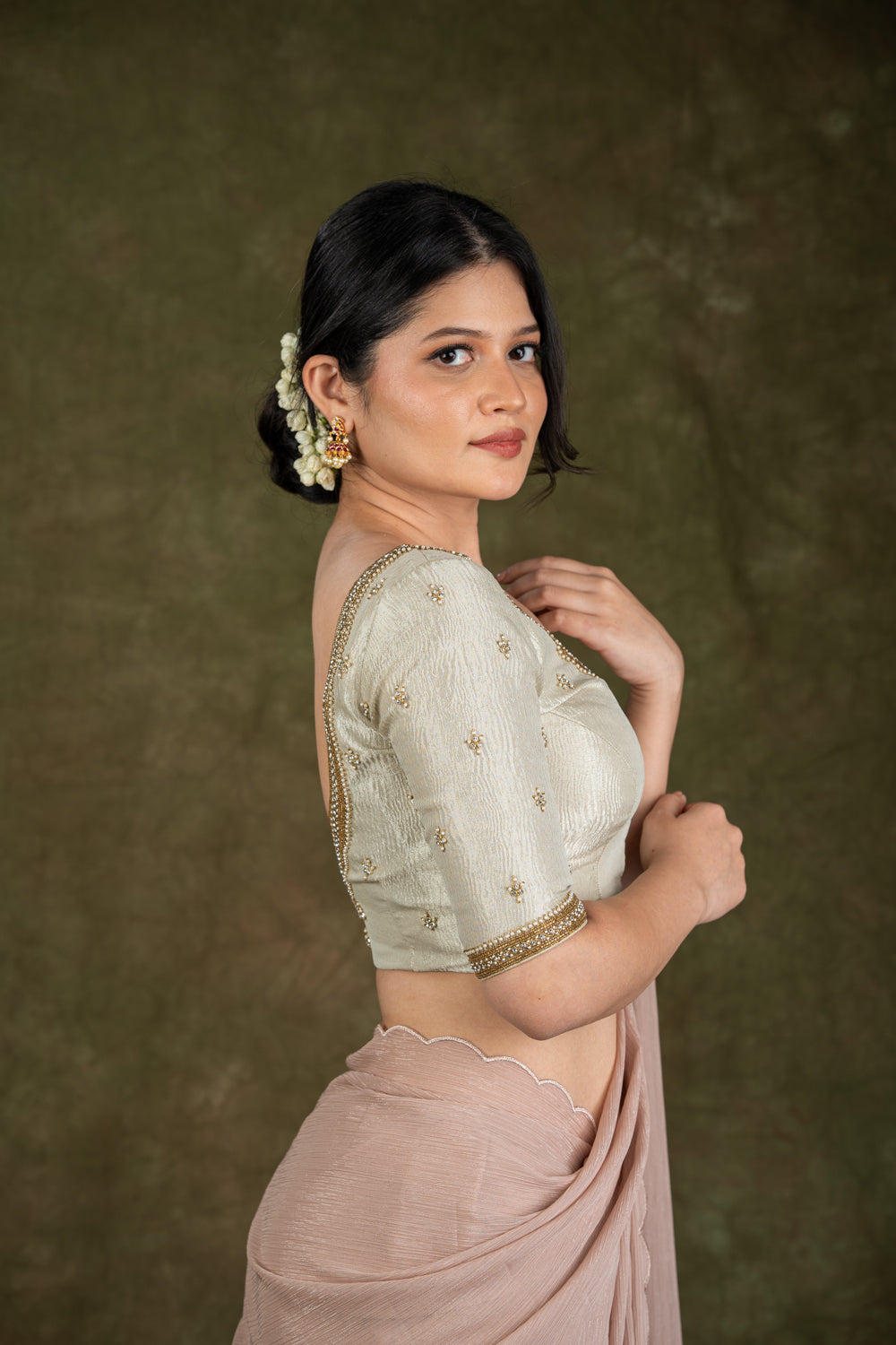 Silver Tissue Blouse with Gold Bead Embroidery for wedding and festive wear