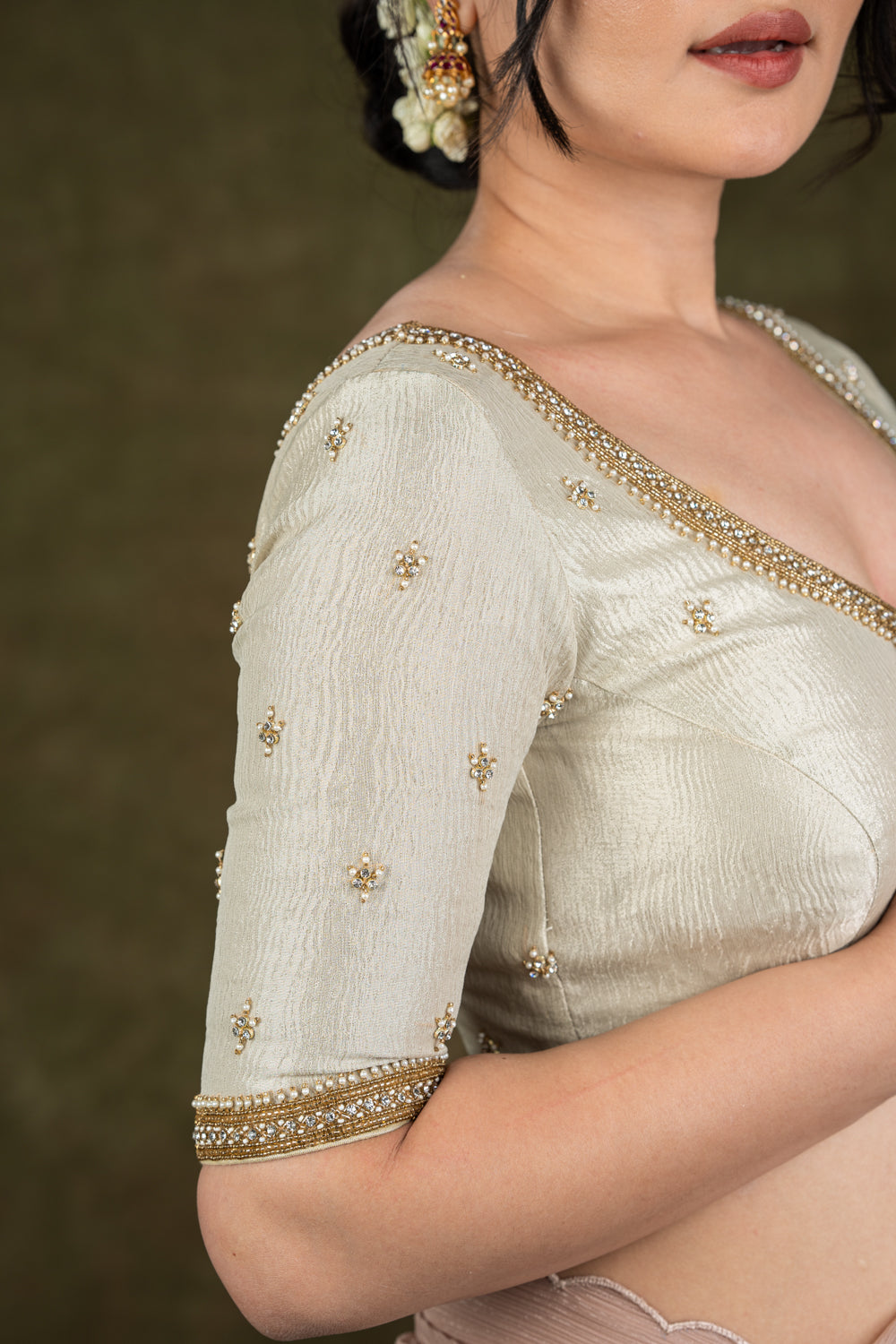 Silver Tissue Blouse with Gold Bead Embroidery for wedding and festive wear