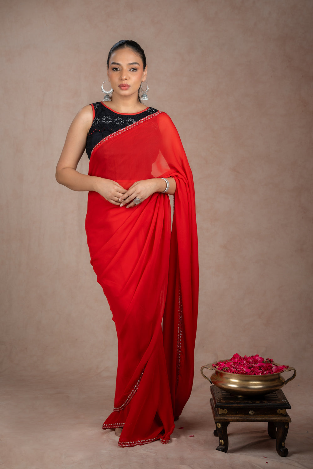 Red Draped Ruffle Saree Set