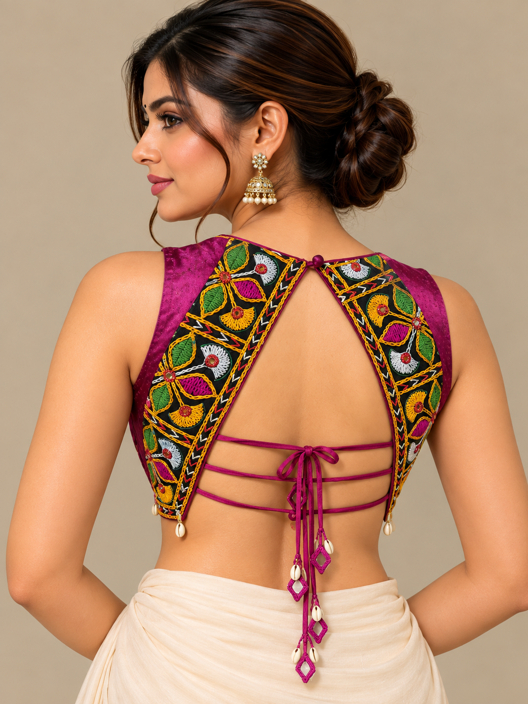 Wine Pink Sleeveless Blouse with Kutch Embroidered Panels