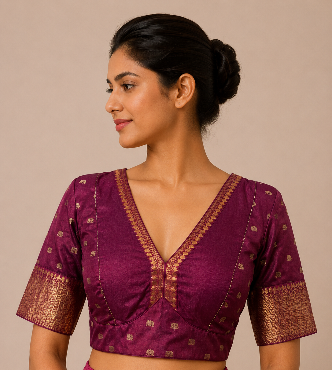 Wine Pink brocade Blouse With Borders For Festive and wedding wear