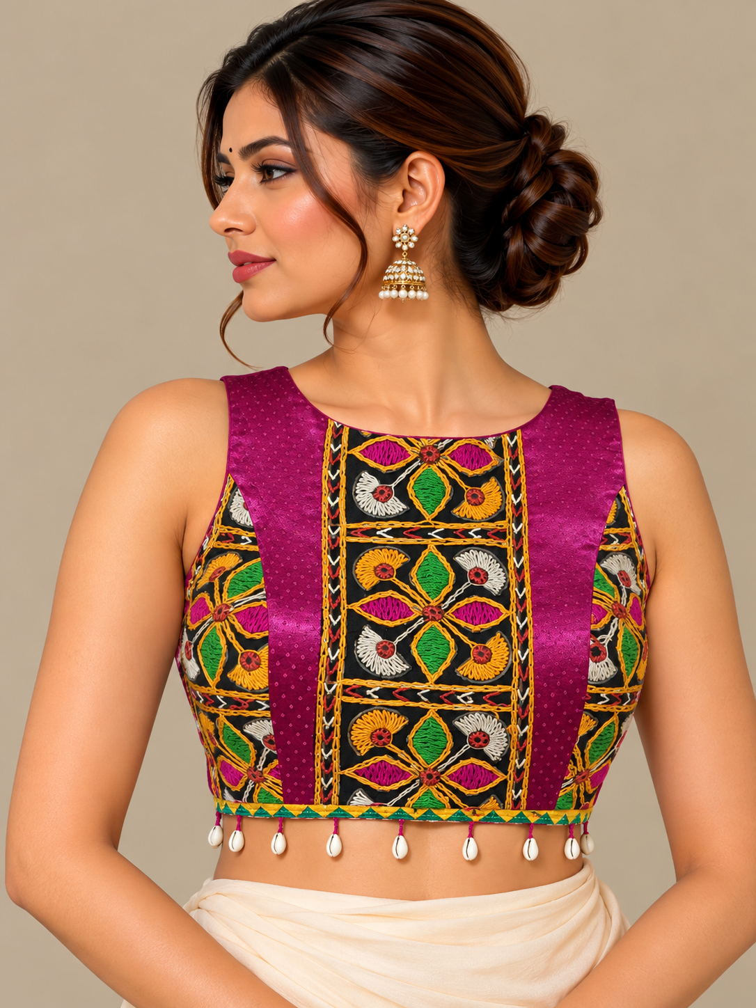 Wine Pink Sleeveless Blouse with Kutch Embroidered Panels