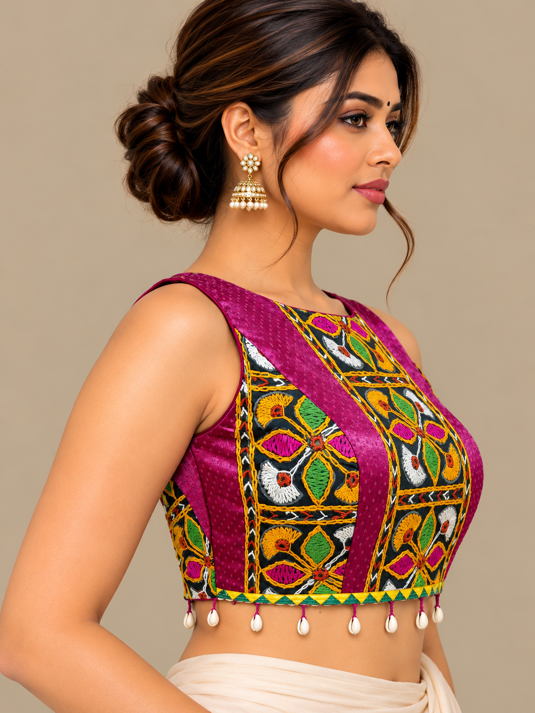 Wine Pink Sleeveless Blouse with Kutch Embroidered Panels