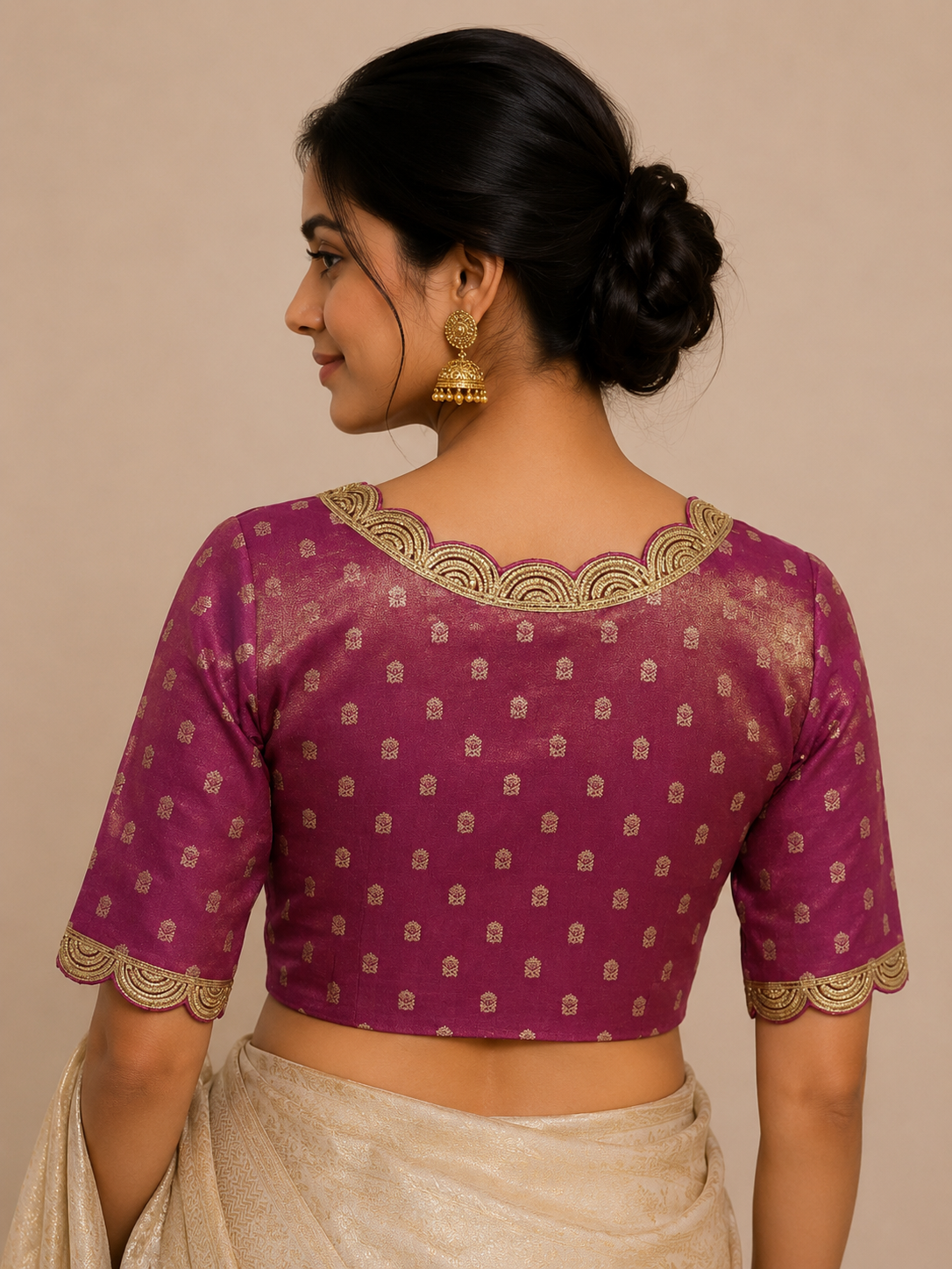 Wine Pink Tissue Brocade Blouse with Handwoven Buttas & Scalloped Gota Workfor wedding and festive wear