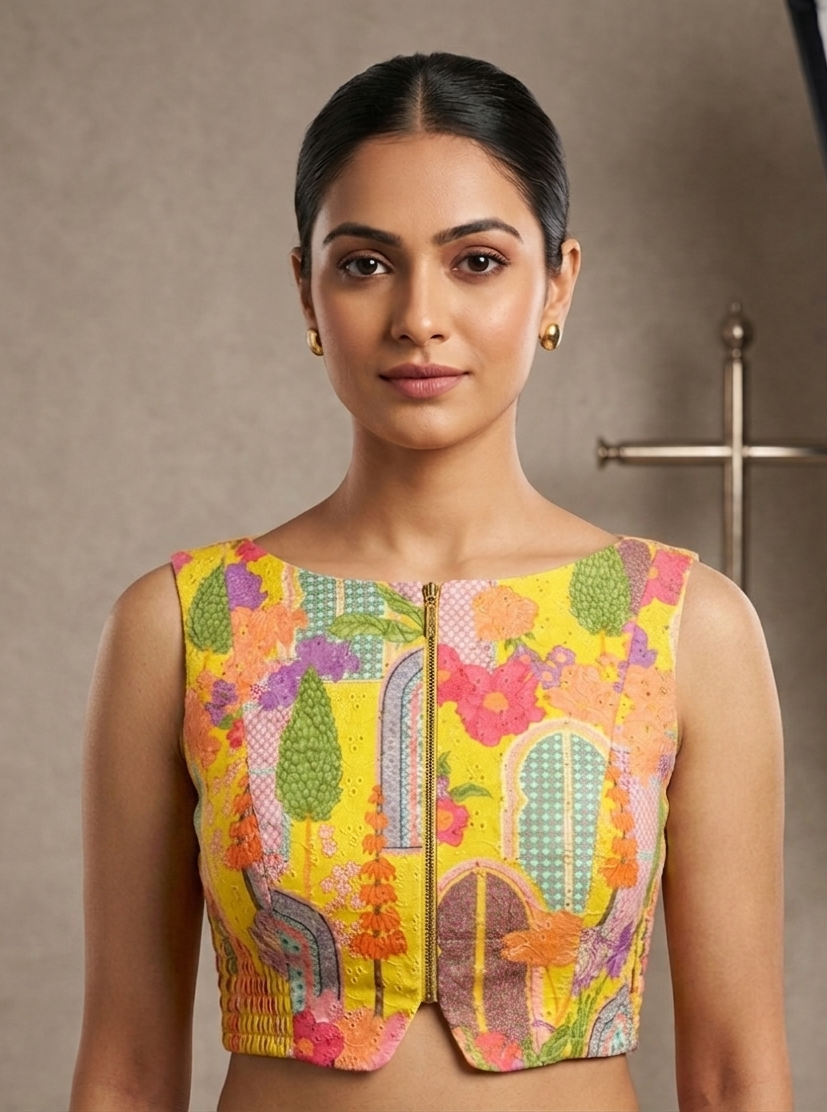 Yellow Printed Blouse with Side Shirring