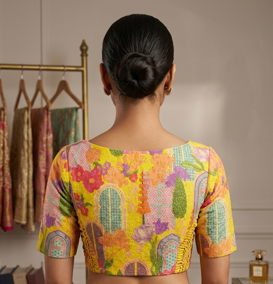 Yellow Printed Blouse with Side Shirring