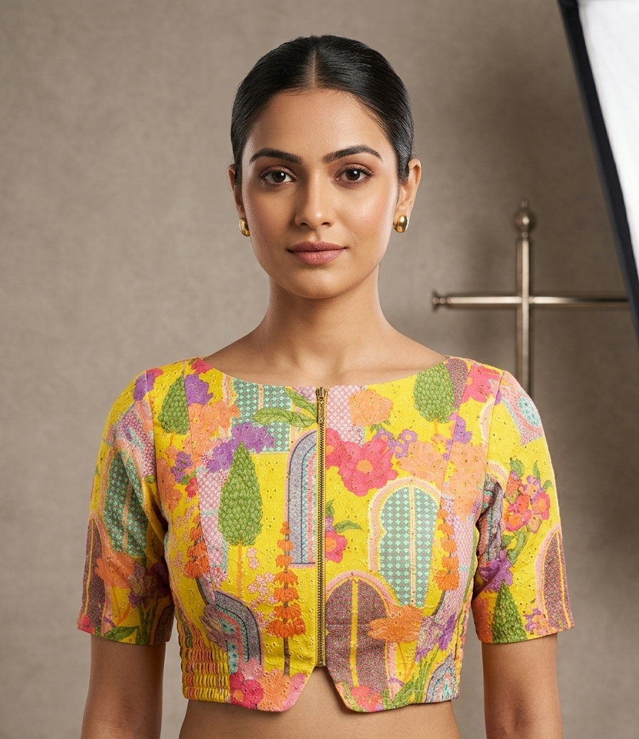 Yellow Printed Blouse with Side Shirring