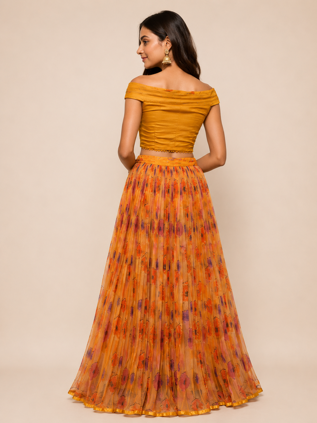 Yellow Printed Organza Skirt and Pleated Crop top for wedding and festive wear