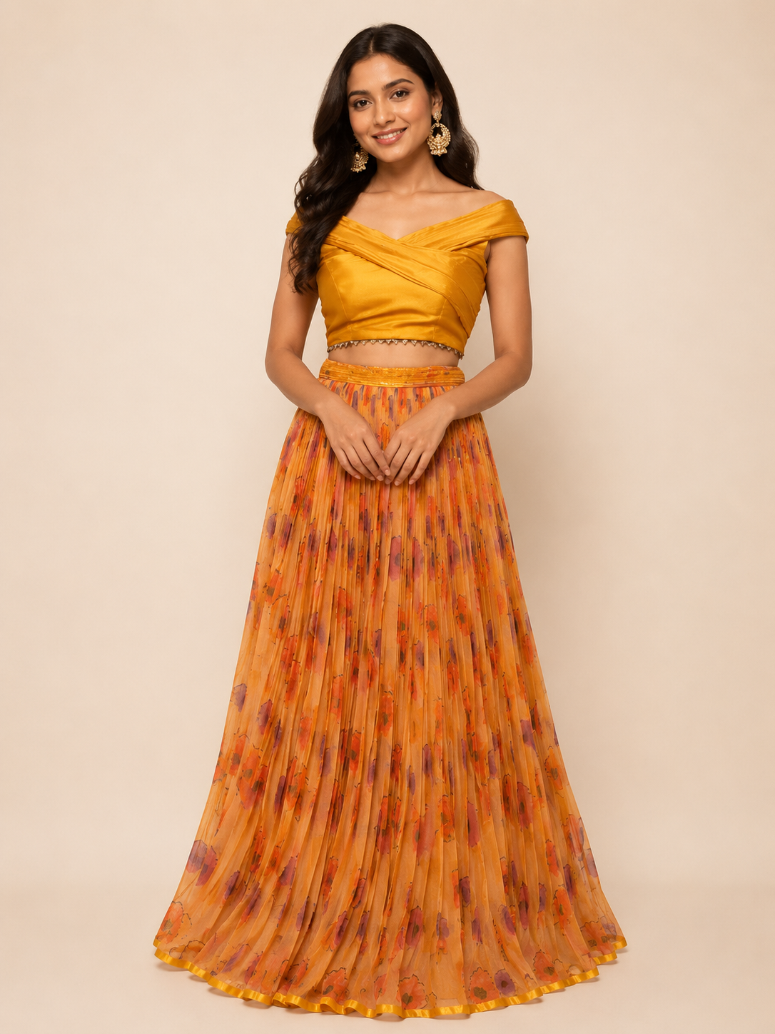Yellow Printed Organza Skirt and Pleated Crop top for wedding and festive wear