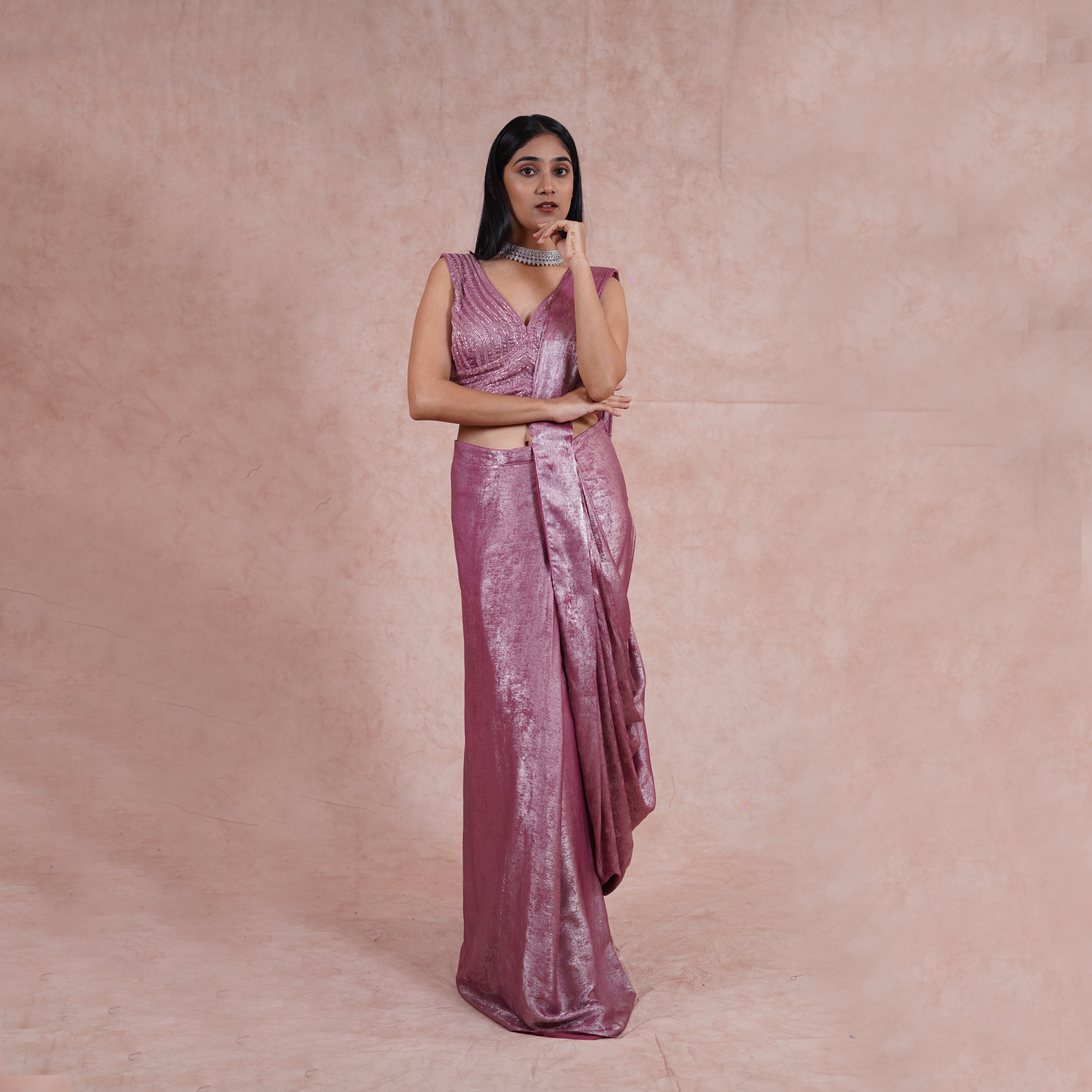 Misty Mauve Crepe Satin Pre- Draped Saree