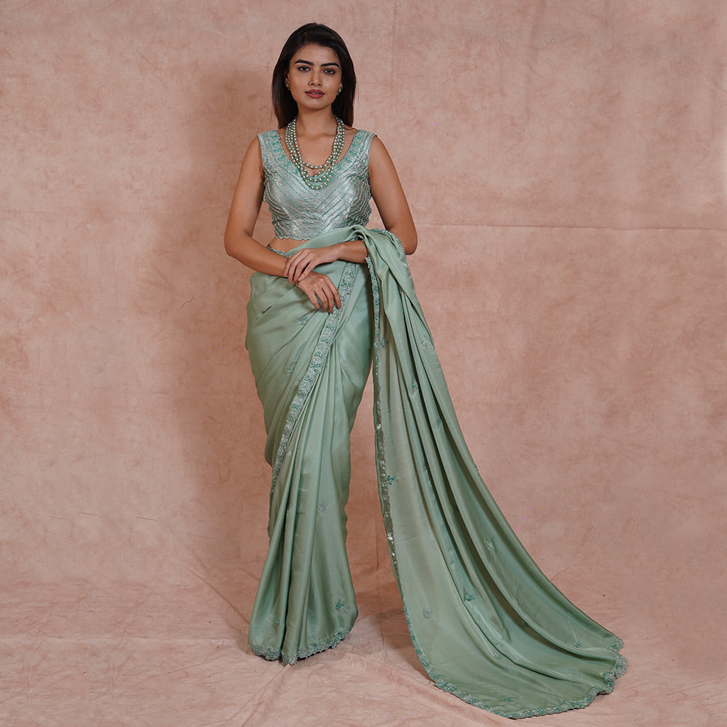 Apple green Satin Saree