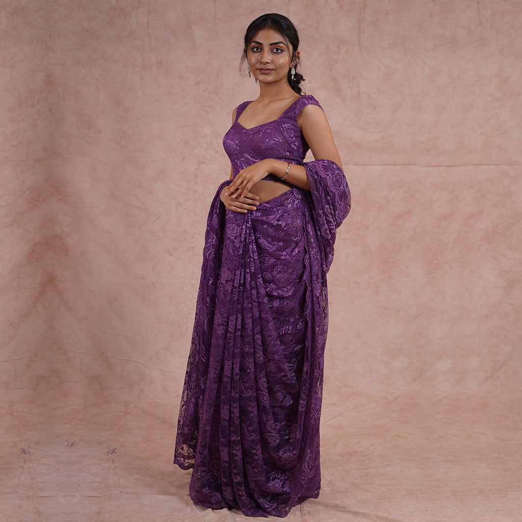 Grape Purple Chantilly Lace Swarovski Studded Saree